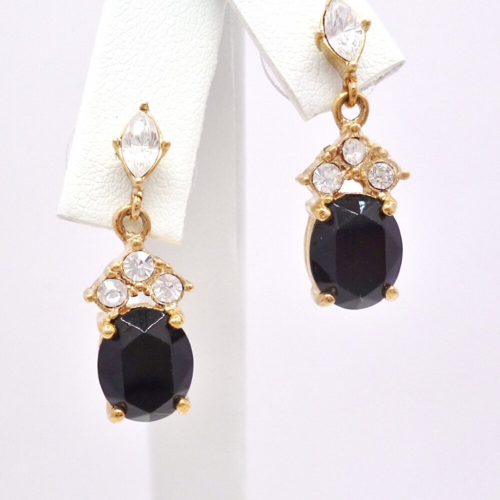 Roman Signed Earrings Black Dangles Rhinestones Signed Feminine 1" Perfect 31444